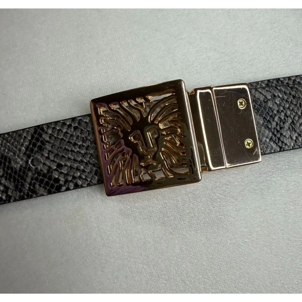 Vintage Anne Klein‎ Gold Lion Head Logo Buckle Reversible Snake Skin Belt 29-35